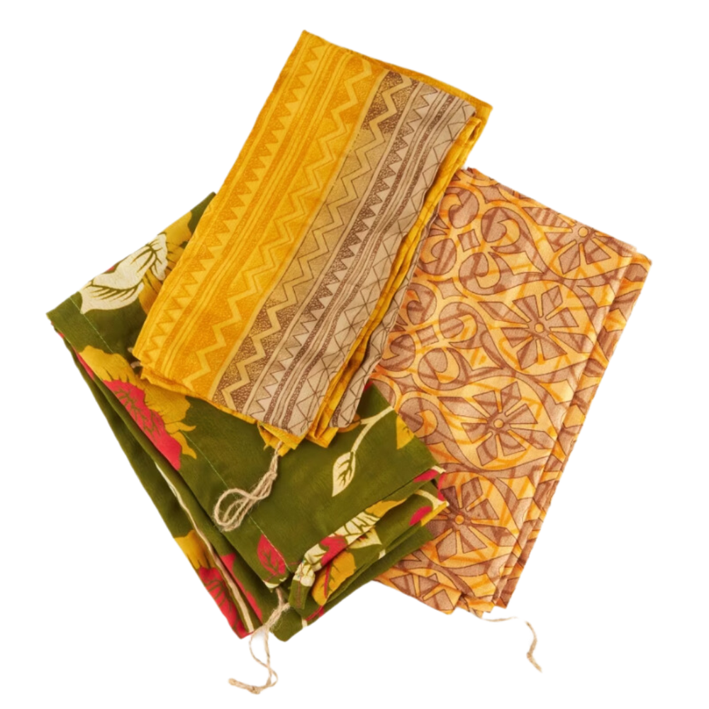 Recycled Sari Pack of 3 Gift Bags - Extra Large yellow green and orange colours
