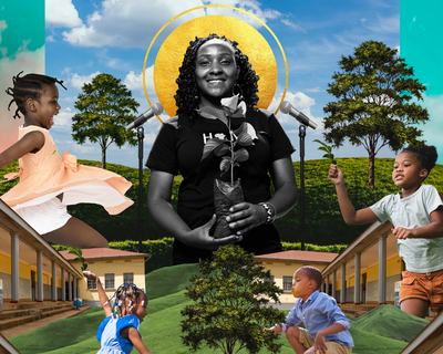 A collage with activist Elizabeth with a halo holding a sapling surrounded by children jumping for joy.