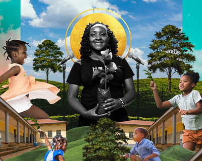 A collage with activist Elizabeth with a halo holding a sapling surrounded by children jumping for joy.