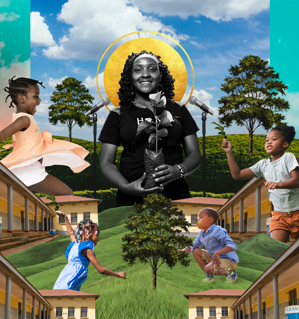 A collage with activist Elizabeth with a halo holding a sapling surrounded by children jumping for joy.