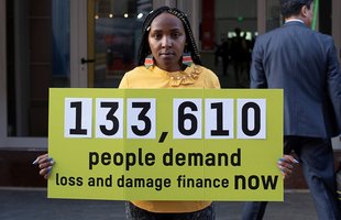Elizabeth Wathuti holding banner at COP27 that reads '132610 people demand loss and damage finance now'
