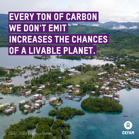 An overhead shot of a flooded village is southeast Asia. Text reads 'Every ton of carbon we don't emit increased the chances of a livable planet.'