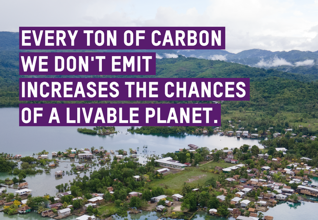 An overhead shot of a flooded village is southeast Asia. Text reads 'Every ton of carbon we don't emit increased the chances of a livable planet.'