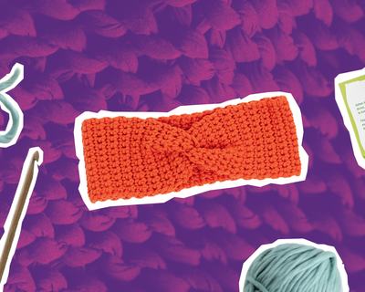 An orange crocheted headband.