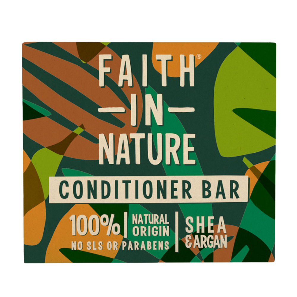 Faith in Nature conditioner bar, reads 100% Natural, No SLS or parabens Shea & Argan