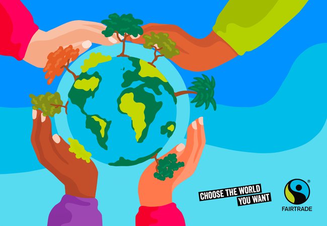 Hands with different skin tones lifting the globe together, alongside the Fairtrade Fortnight logo and text that says ‘choose the world you want’.