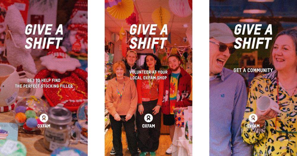Banner promoting Oxfam volunteering, featuring Oxfam shop items, volunteers in-store and community connections, with the message: “Give a Shift”.