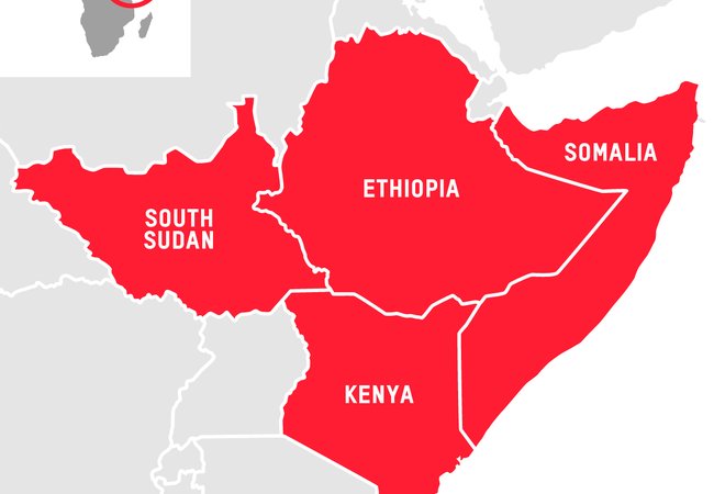 A map of East Africa focused on Somalia, South Sudan, Kenya and Ethiopia