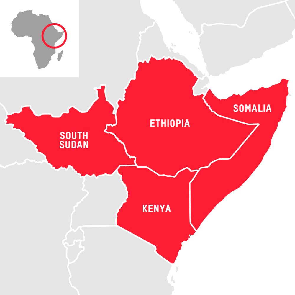 A map of East Africa focused on Somalia, South Sudan, Kenya and Ethiopia