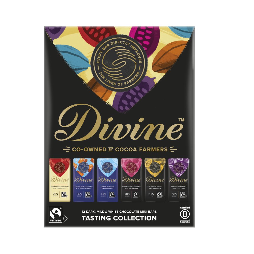 A set of Divine chocolate 12 little Bars tasting Set, description includes: 70% Dark Chocolate, 85% Dark Chocolate, Dark Chocolate with Raspberries, Milk Chocolate, Milk Chocolate with Toffee & Sea Salt and White Chocolate with Strawberries.