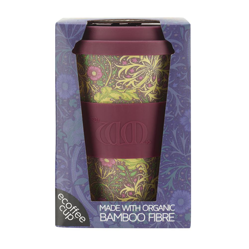 Recycled bamboo cup with William Morris green and purple floral design