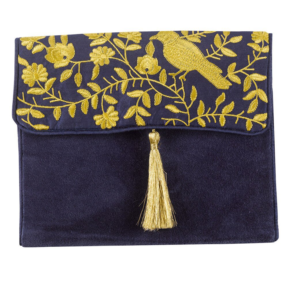 Dark blue soft clutch bag with gold embroided bird in a tree and tassle