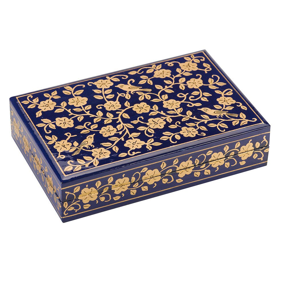 A dark blue wooden with gold painted birds in a tree design