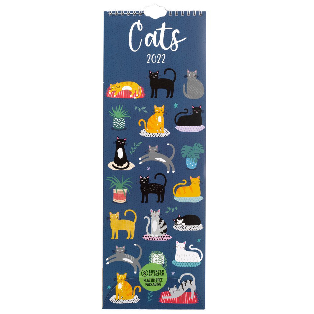 A blue 2022 calendar with brightly painted cats on the cover