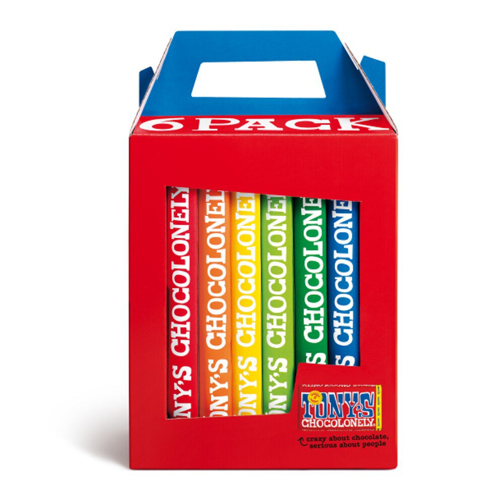Tony's Chocolonely bars in different coloured wrappers together making a rainbow in a gift box