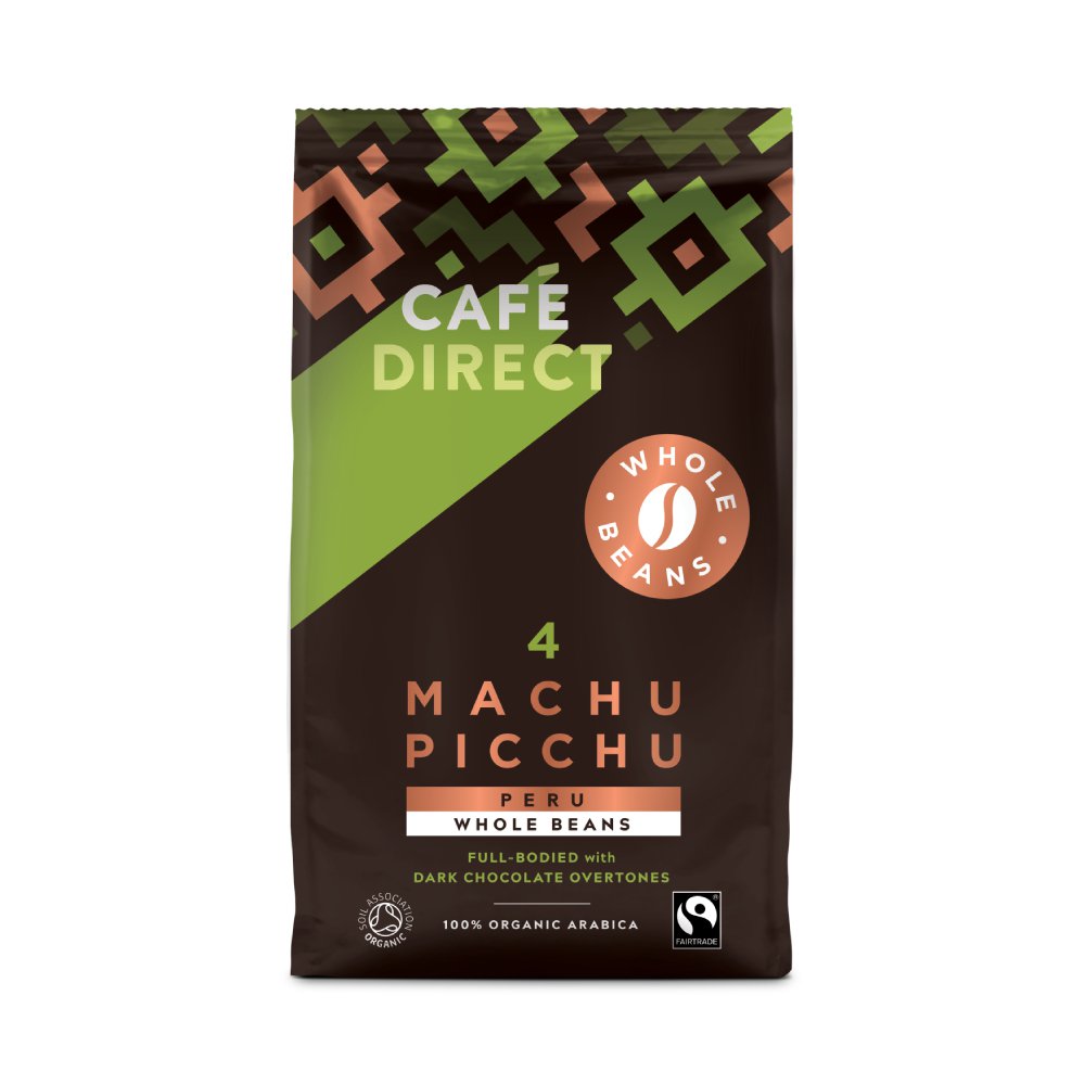 A brown coffee bag with eometric gold and bronze detailing text reads "Café Direct Machu Picchu coffee" this is a full-bodied blend with dark chocolate overtones.