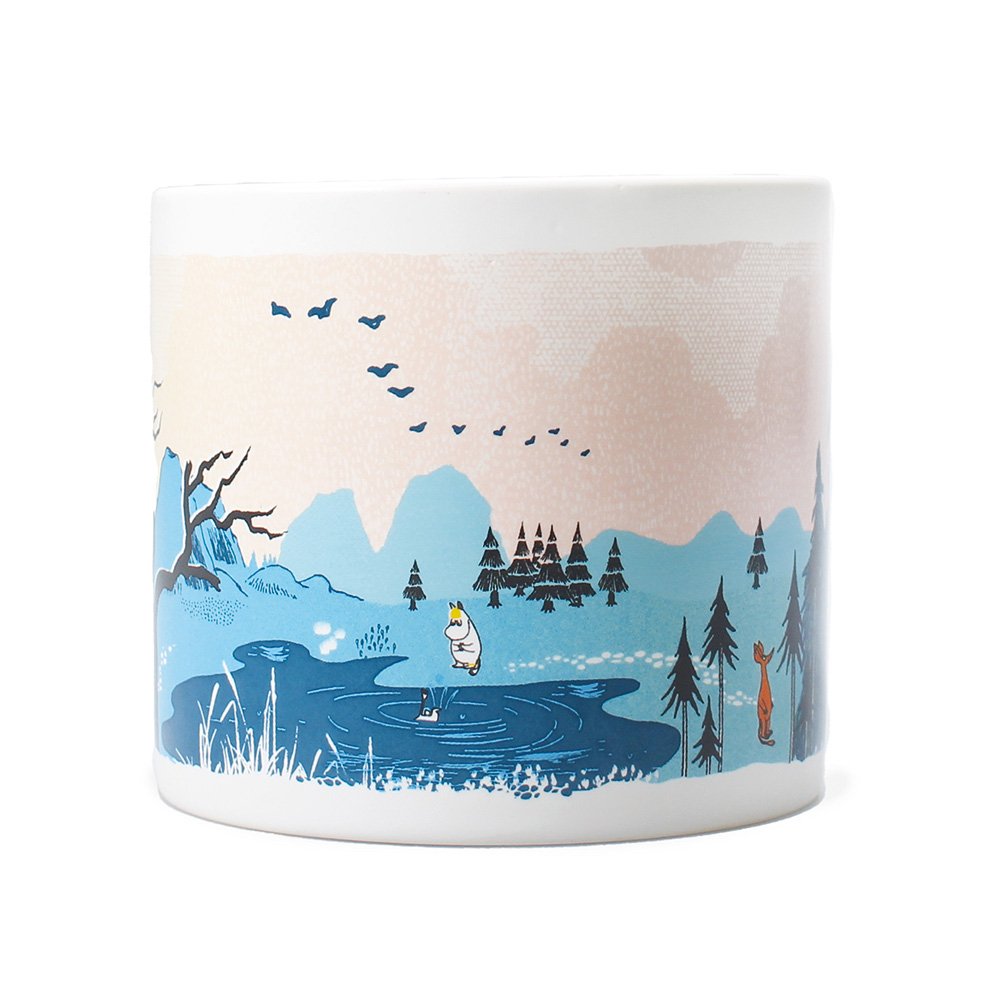 Plant pot with Moomin illustrations photographed against white background