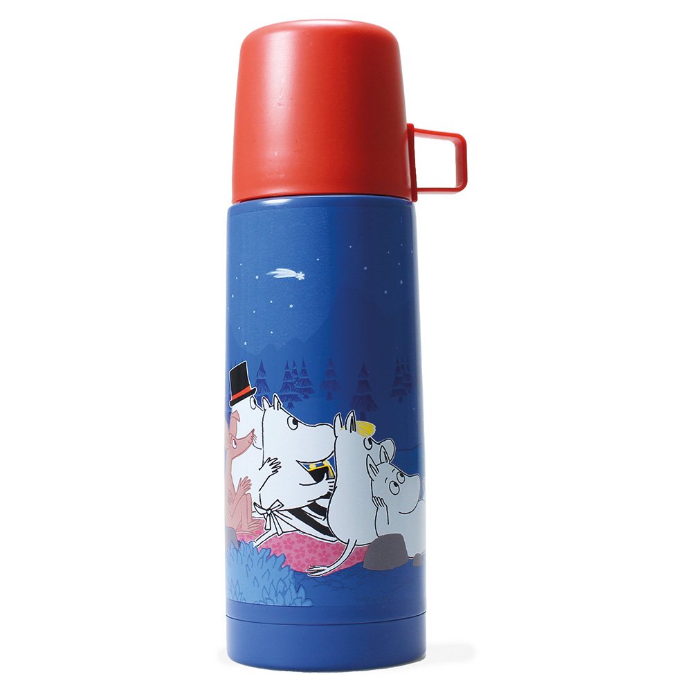Blue and red flask with Moomin characters against white background