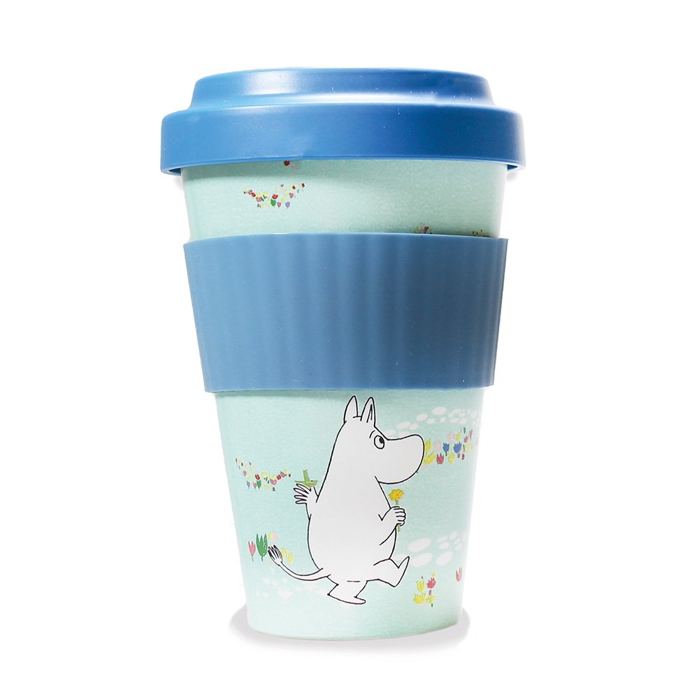 Blue travel cup for hot drinks with Moomin illustrations