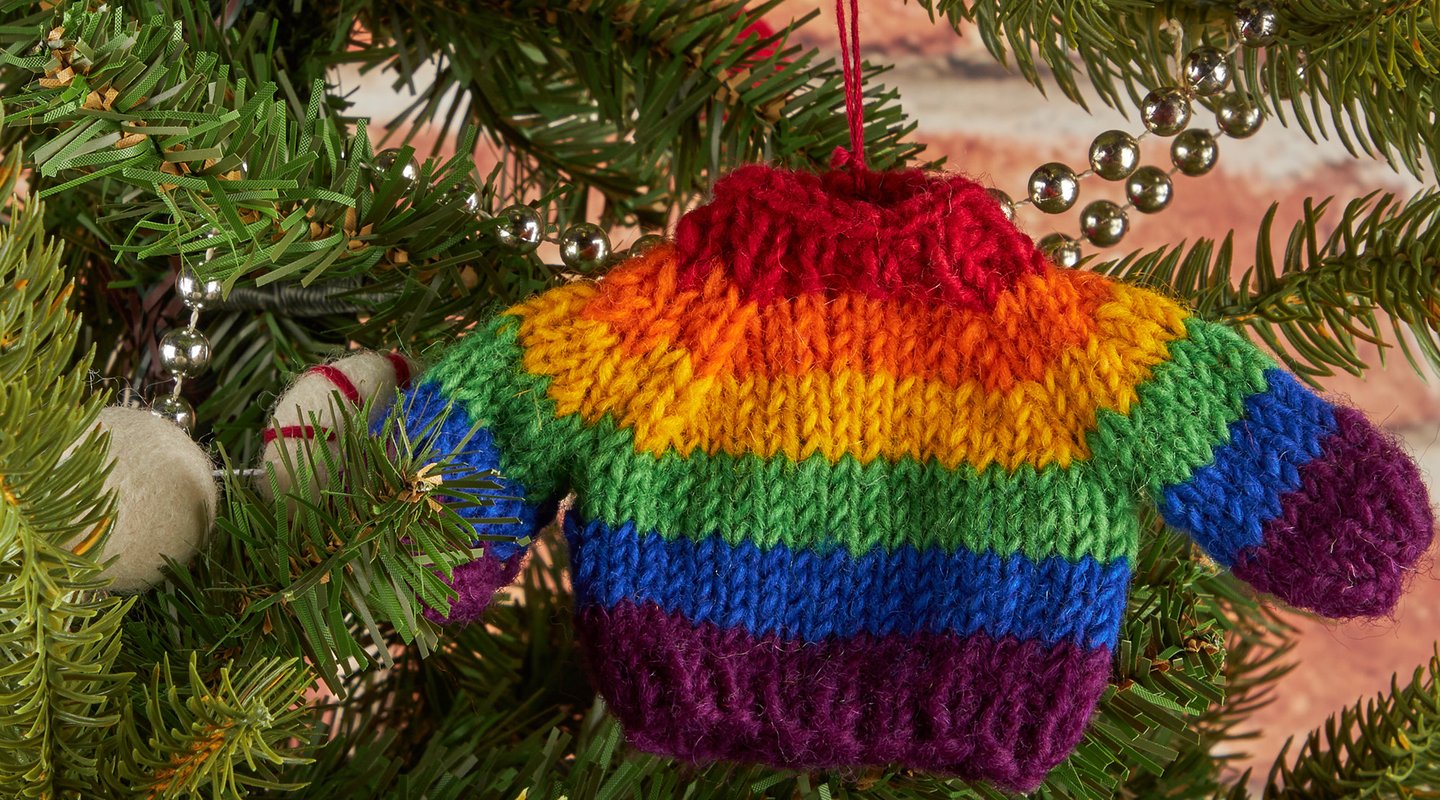 An Oxfam knitted Christmas tree decoration