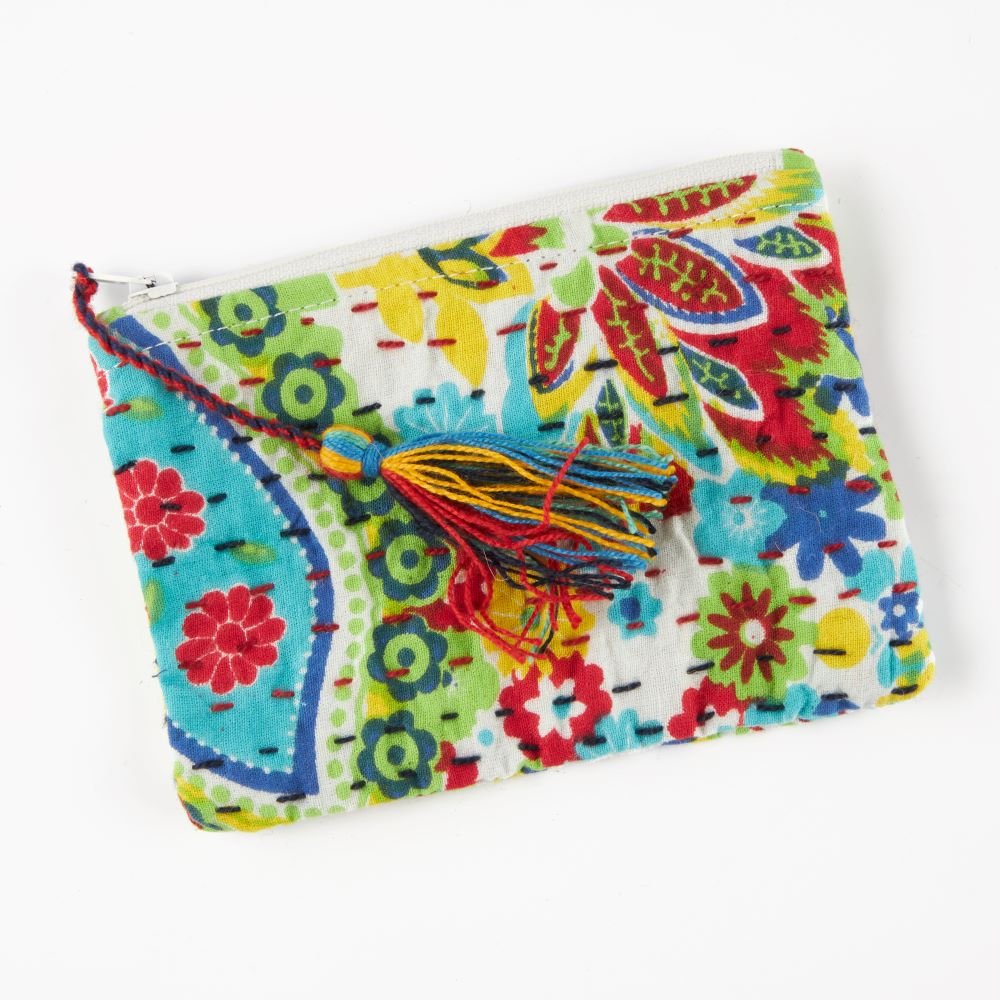colourful floral coin purse photographed against a white background