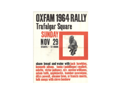 A red, black and white poster for Oxfam's 1964 rally in Trafalgar Square.