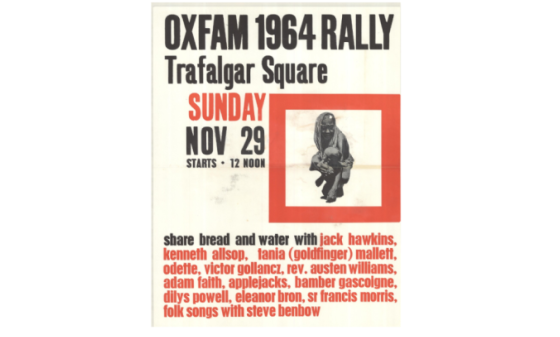 A red, black and white poster for Oxfam's 1964 rally in Trafalgar Square.