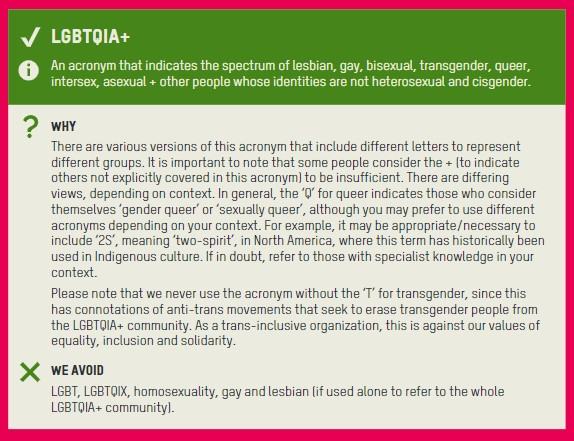 An excerpt from the inclusive language guide explaining the use of the abbreviation LGBTQIA+, why it is used and the terms we avoid using.
