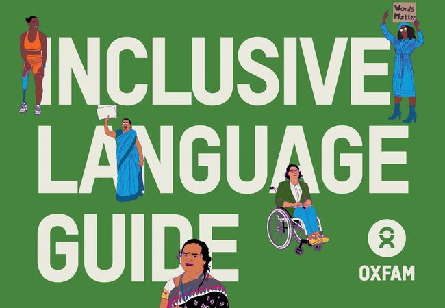 The cover of Oxfam's inclusive language guide which has a green background with the Oxfam logo and the title in white capitals. There are 5 illustrations of a diverse group of people including an athlete with a prosthetic leg and a person wearing a sari.
