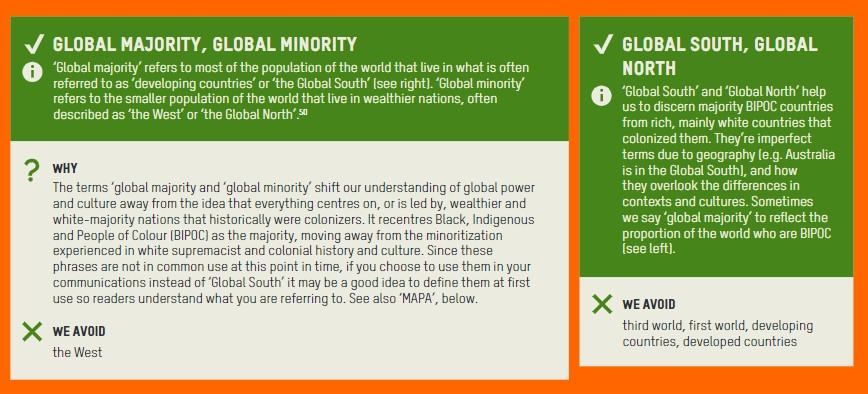 An excerpt from the inclusive language guide explaining alternatives to the term 'developing countries' i.e 'global majority', 'global minority', 'global north' and 'global south'.