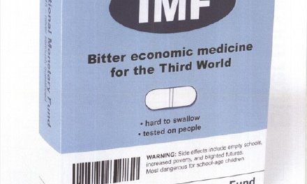 A poster parodying a packet of medicine. Text reads "IMF. Bitter economic medicine for the Third World"