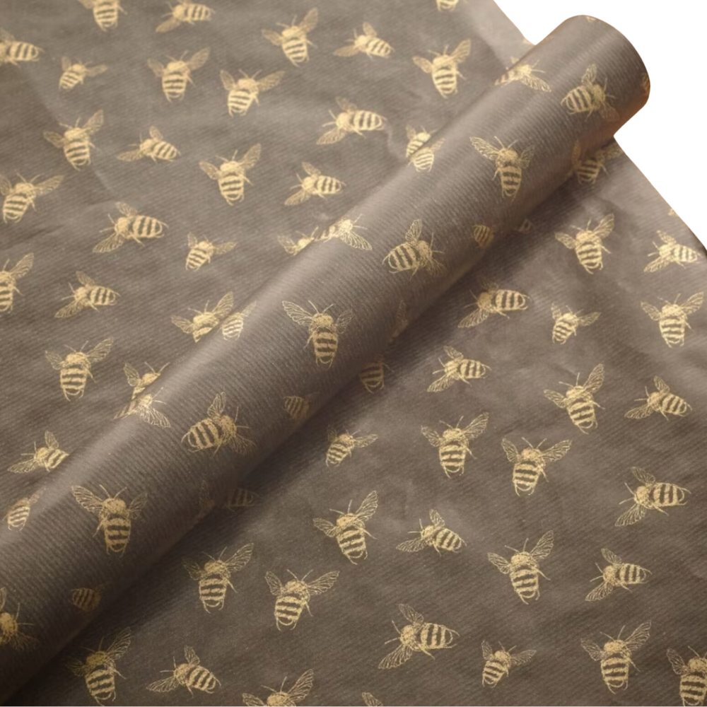 Bee print recycled gold and black wrapping paper