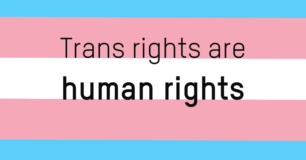 The trans flag with trans rights are human rights written on it