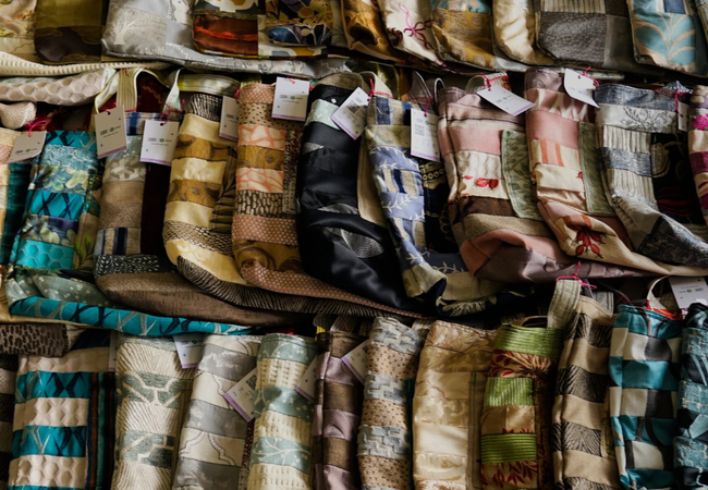A image showing the selection of Loom bags, they are placed one by one to each other slightly overlapping. Each bag is unique with its own pattern made from different textiles.