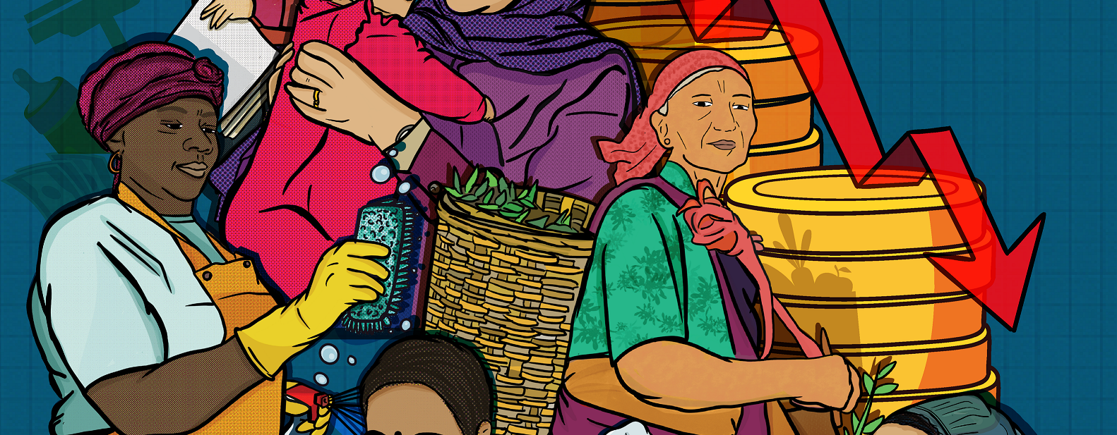 Illustration of women giving care and doing domestic work/paid work