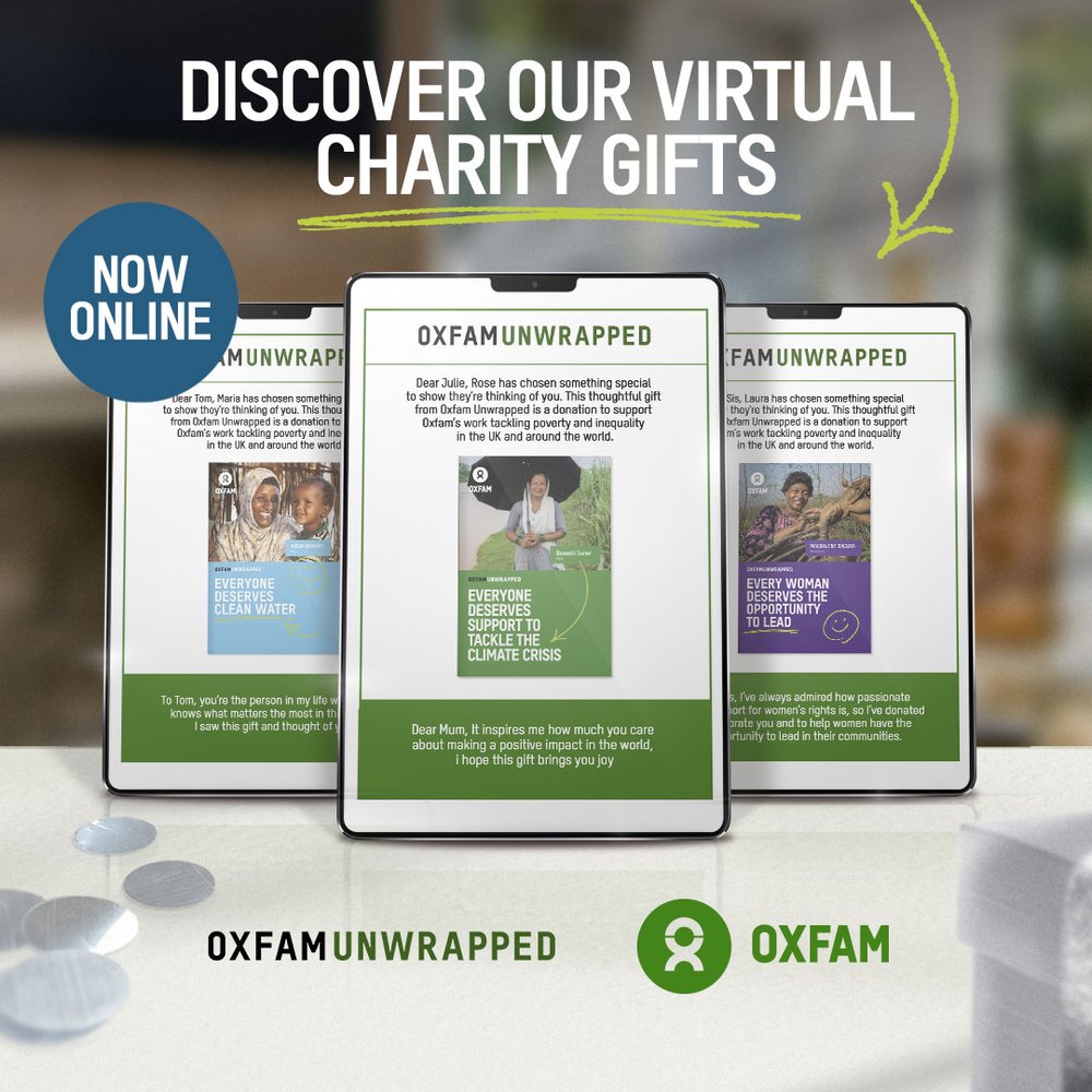 Three iPads showing Oxfam's virtual charity gifts. Text reads 'Discover our virtual charity gifts, now online'