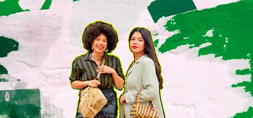 Two influencers wearing second hand clothing.