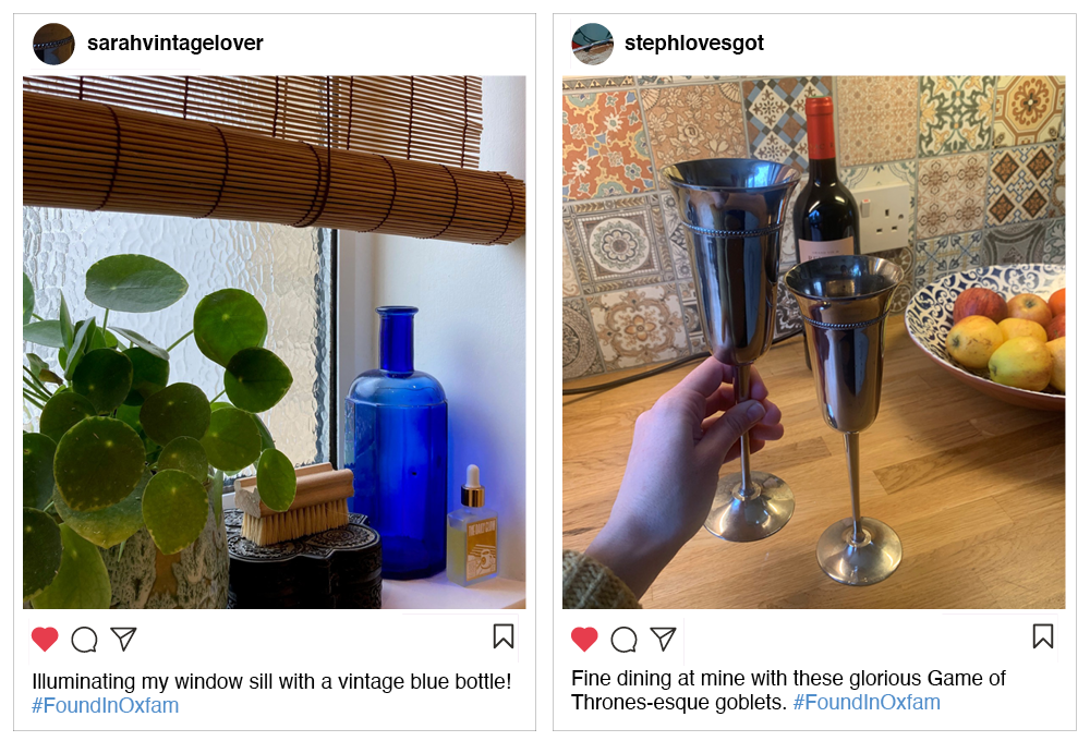 Two Instagram posts, one showing a vintage blue bottle and one with two silver goblets