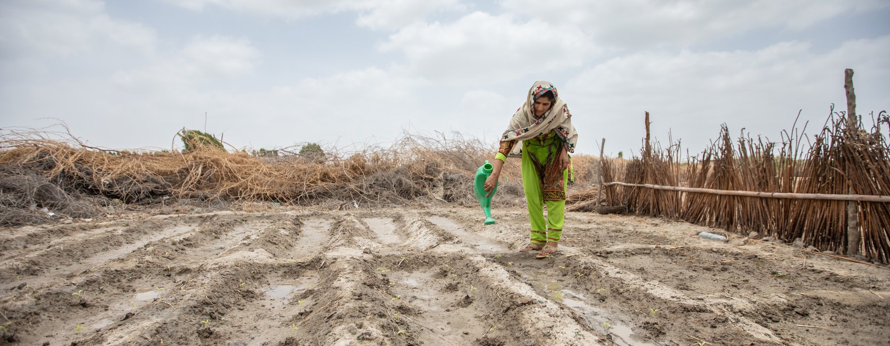 Hooran watering a barren chalky muddy field in pakistan with a green watering can