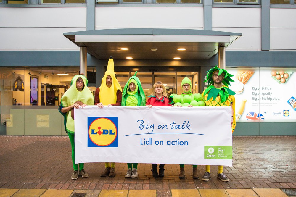 Oxfam campaigners visit the Lidl Head Office in Wimbledon, as part of the Behind the Barcodes campaign.