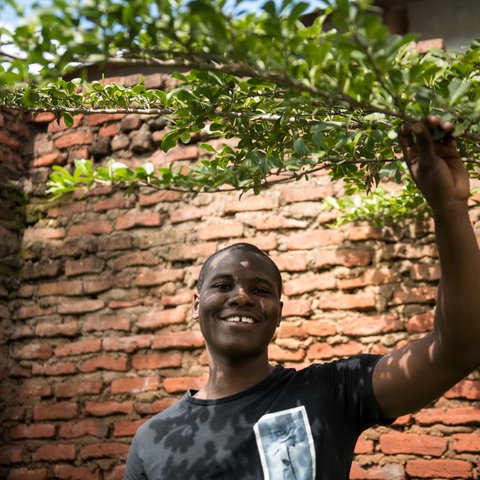 Isaac smiles and holds on to the branch of a tree by a red brick wall in Malawi