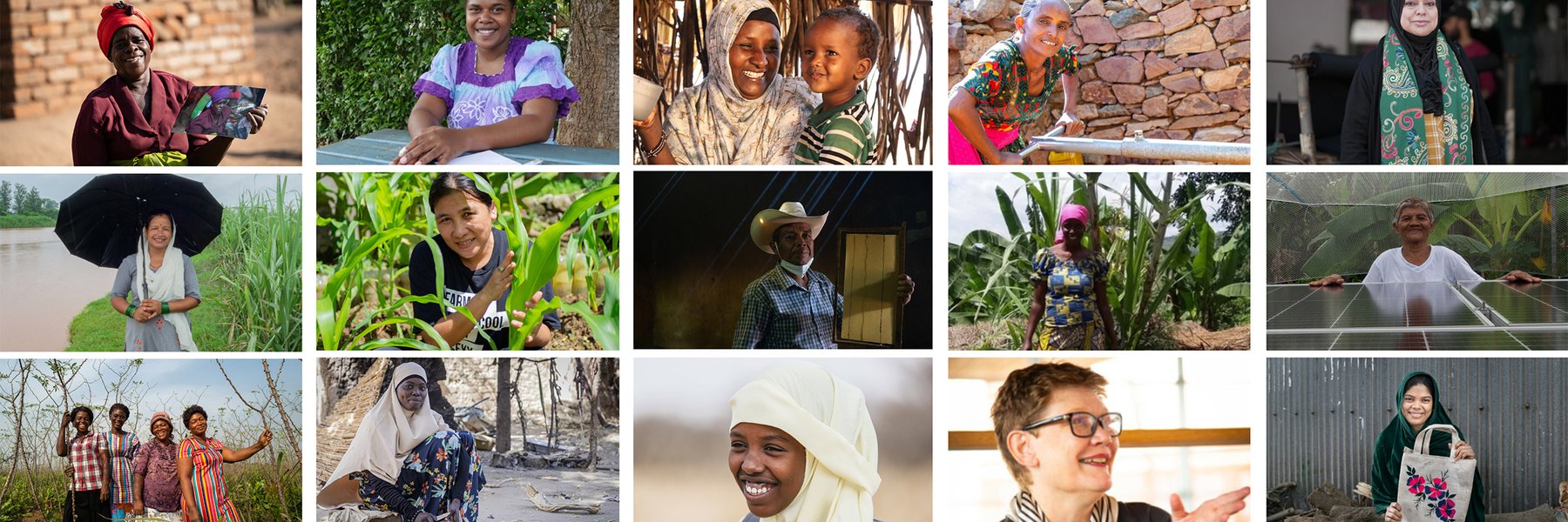 A montage of smiling faces representing Oxfam's work around the world