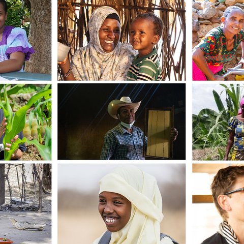 A montage of smiling faces representing Oxfam's work around the world