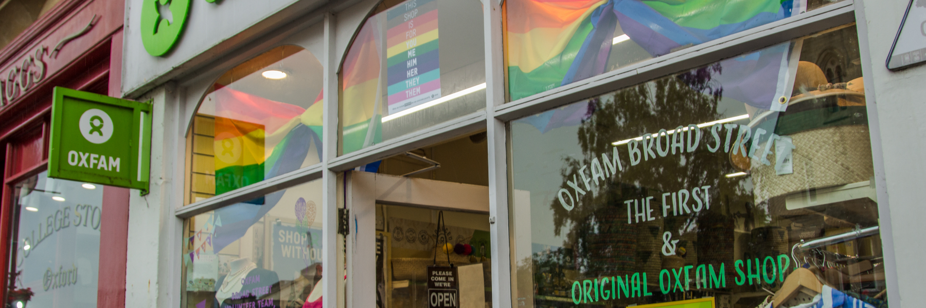 Oxfam Broad Street Shop with Pride decorations in the window