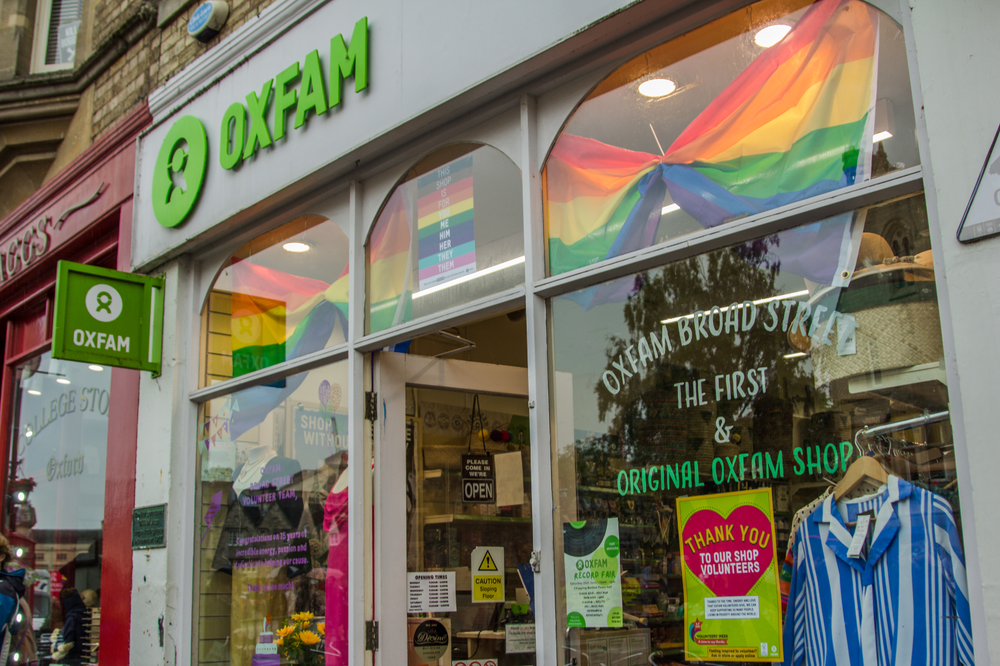 Oxfam Broad Street Shop with Pride decorations in the window