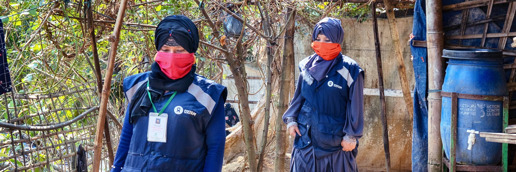 Oxfam volunteers Rejuana (left) and Monira, who work in the refugee camps at Cox's Bazar, Bangladesh.