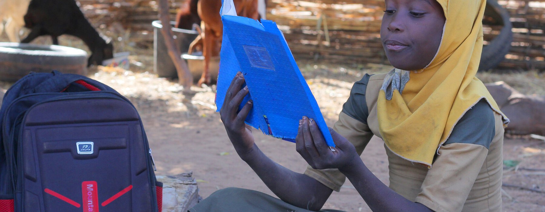 A young girl is sitting outside with her home in Niger reading a book. Behind her are goats walking outside.