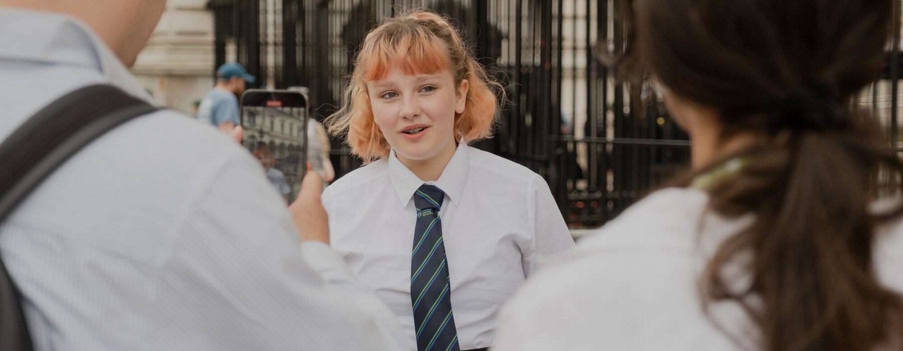 Send My Friend to School student Mia outside Downing Street prior to petition hand in.