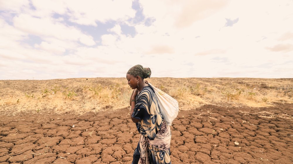 Halima Gordana, a participant in the drought response cash support project for affected families in Marsabit County, Kenya, carries a sack of building stones on her back across a dry and cracked landscape