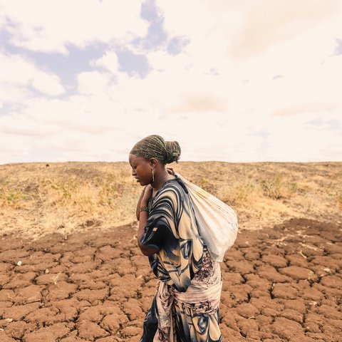 Halima Gordana, a participant in the drought response cash support project for affected families in Marsabit County, Kenya, carries a sack of building stones on her back across a dry and cracked landscape